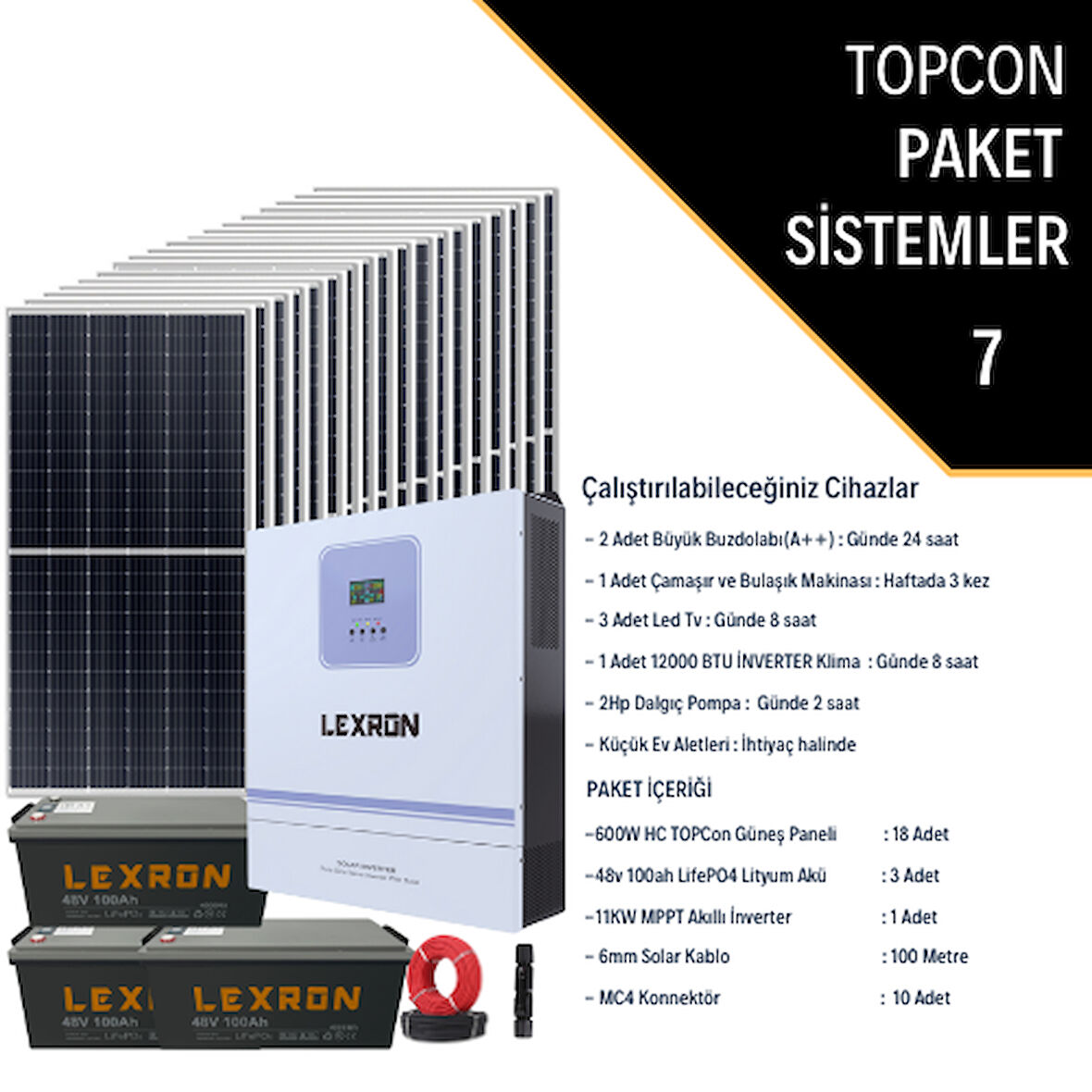 Güneş Enerjisi Bağevi Hazır Solar Paket - 11Kw Mppt Akıllı İnverter + 18X 600W Güneş Paneli+ 3X 48V 100Ah Lityum Akü