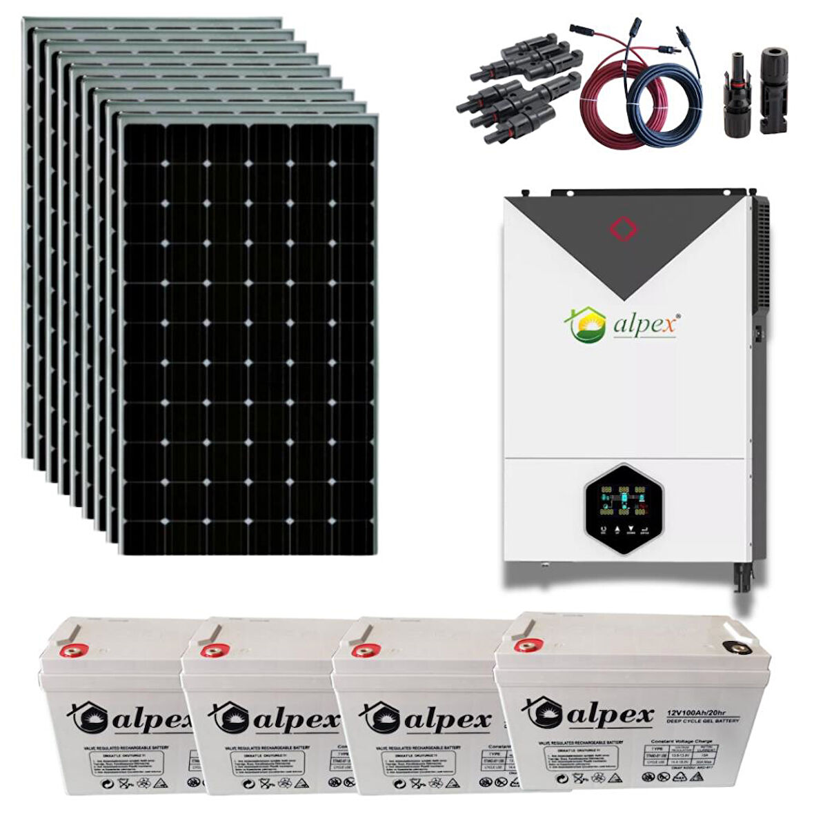 Güneş Enerjisi Bağ Evi  Solar Paketi – 6.2Kw Hibrit İnverter + 9X 410W Güneş Paneli + 4X 12V 100Ah Jel Akü