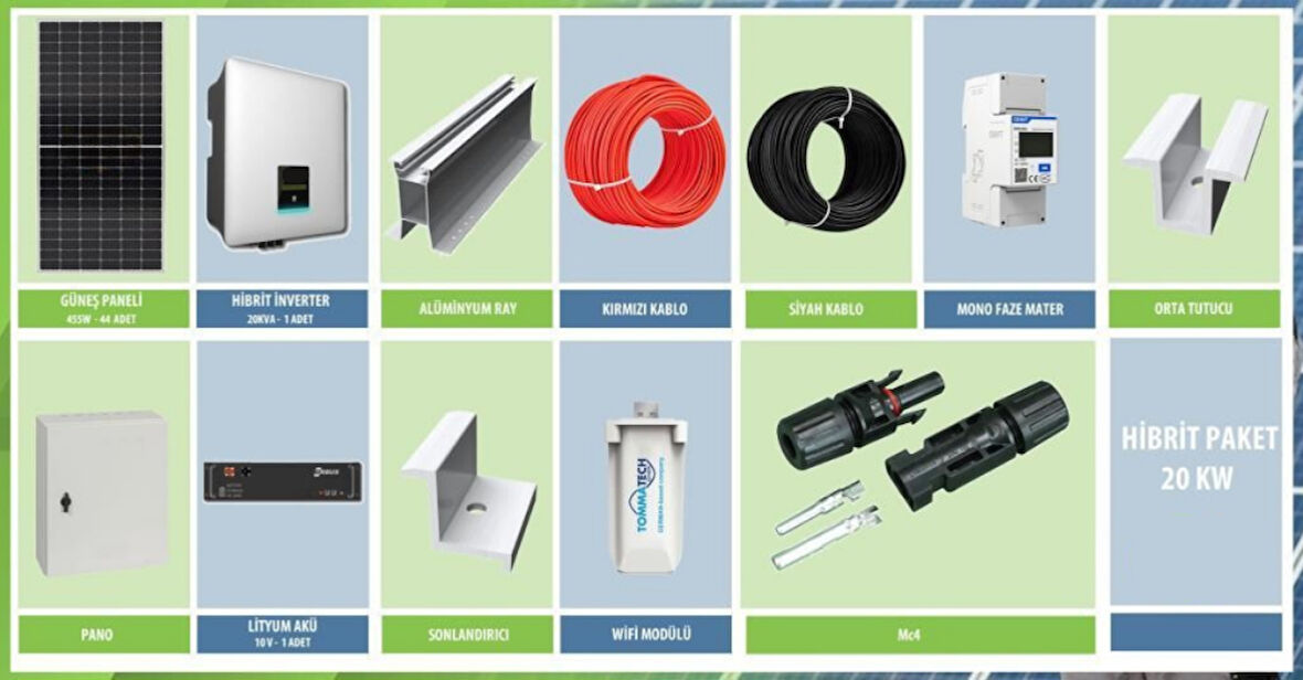 Güneş Enerjisi Hibrit Solar Paket 20Kw Trifaze İnverter + 10 Kw Lityum Akü