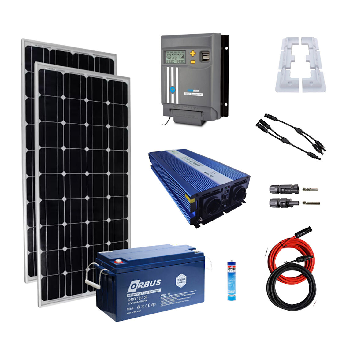 Güneş Enerjisi Karavan Solar Paket – 1Kw Ups Şarjlı Tam Sinüs İnverter - 2X 200W Güneş Paneli – 1X 12V 150A Jel Akü