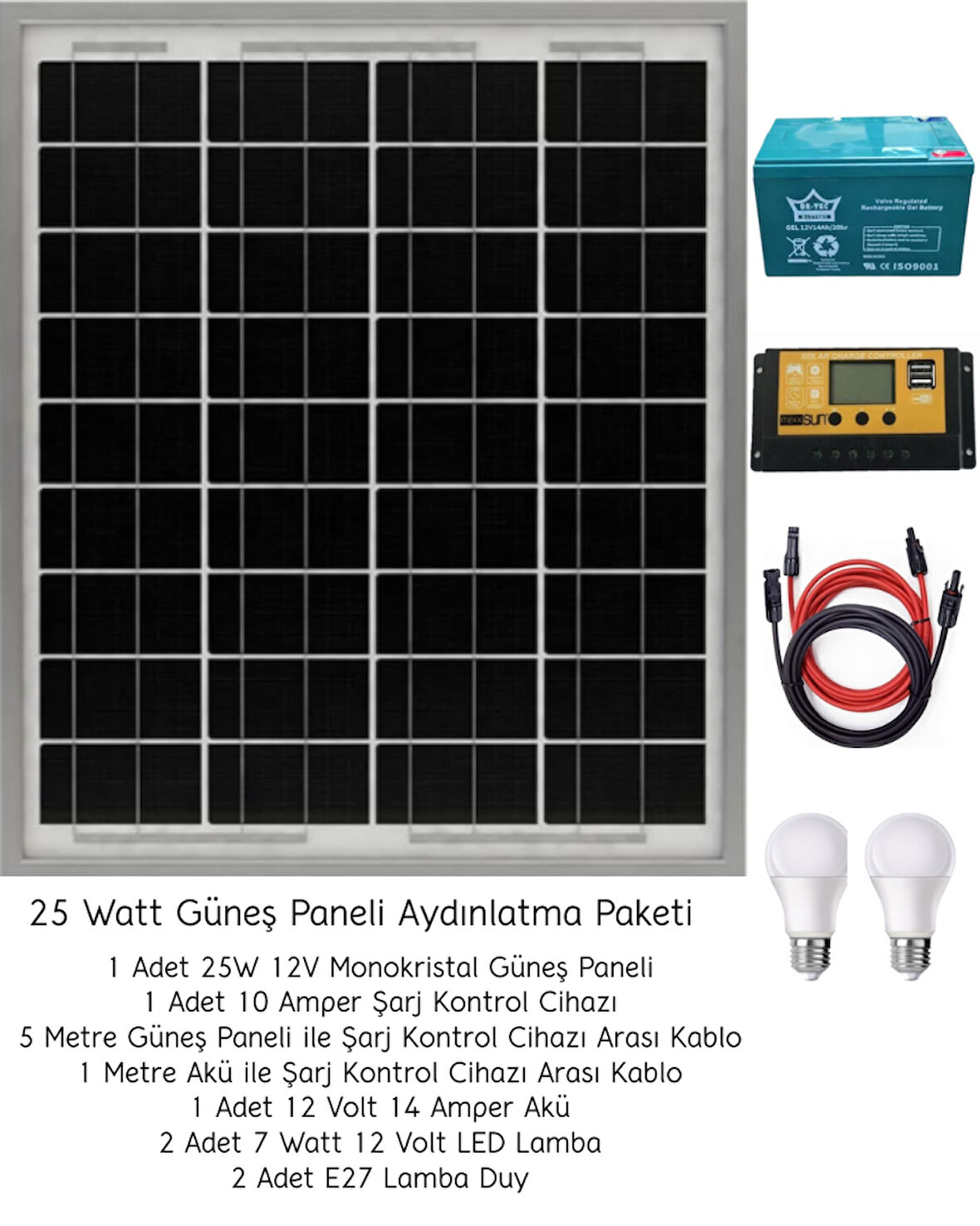 Güneş Enerjisi Aydınlatma Paketi – 1x 10AH Şarj Kontrol Cihazı + 1x 25W Güneş Paneli +1x 12V 14AH Akü