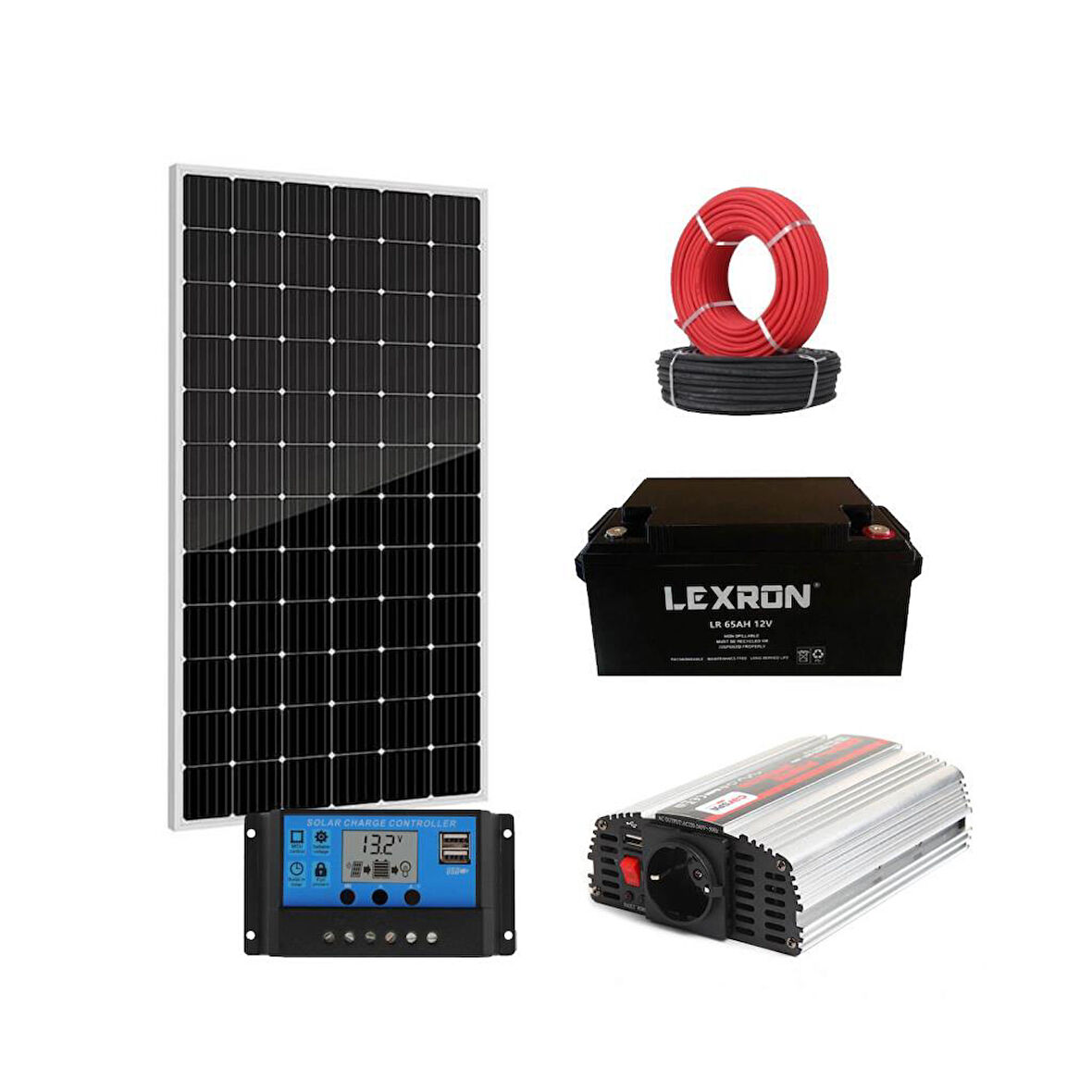 Güneş Enerjisi TV+ Aydınlatma Plus Paket – 600W MofidiyeSinus İnverter+ 1x 170W Güneş Paneli +1x 12V 65AH Jel Akü