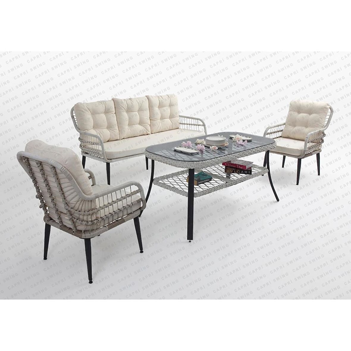 Capri Swing Pisa Üçlü Rattan Bahçe Balkon Oturma Grubu | Beyaz | 801 