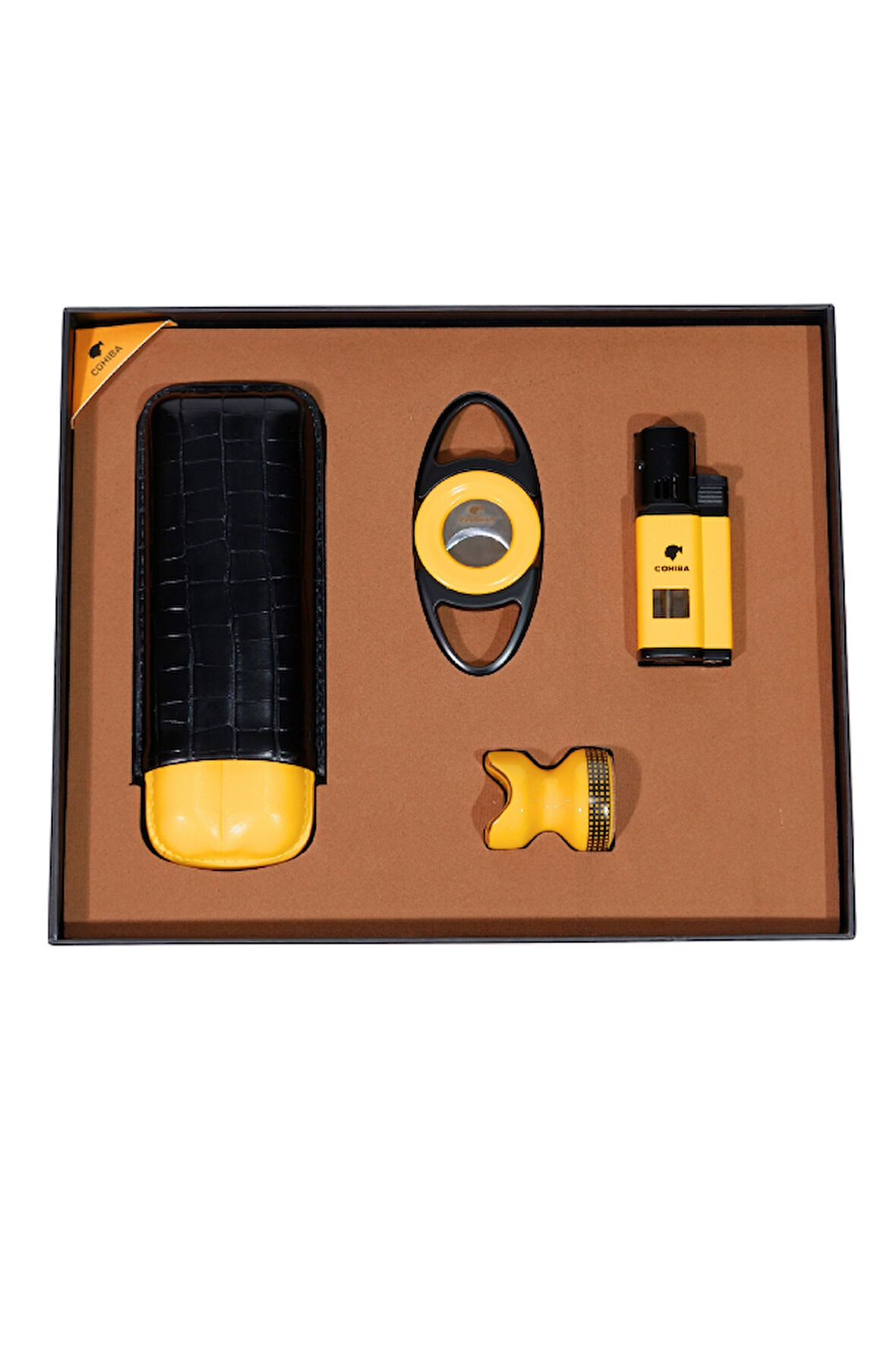 Cohiba Çakmak Kesici Kılıf Sehpa Sarı-Siyah Dörtlü Puro Seti