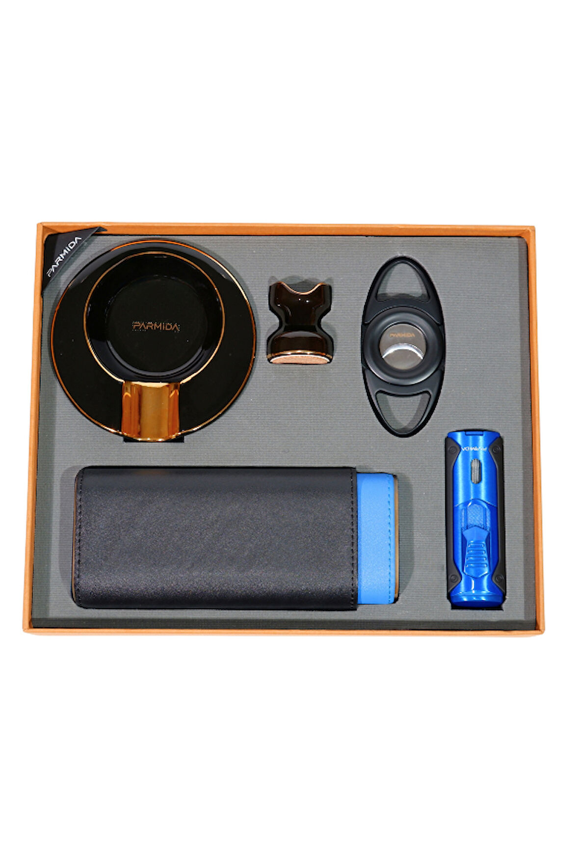 Parmida Çakmak Kesici Küllük Kılıf Sehpa Siyah-Mavi Beşli Puro Seti