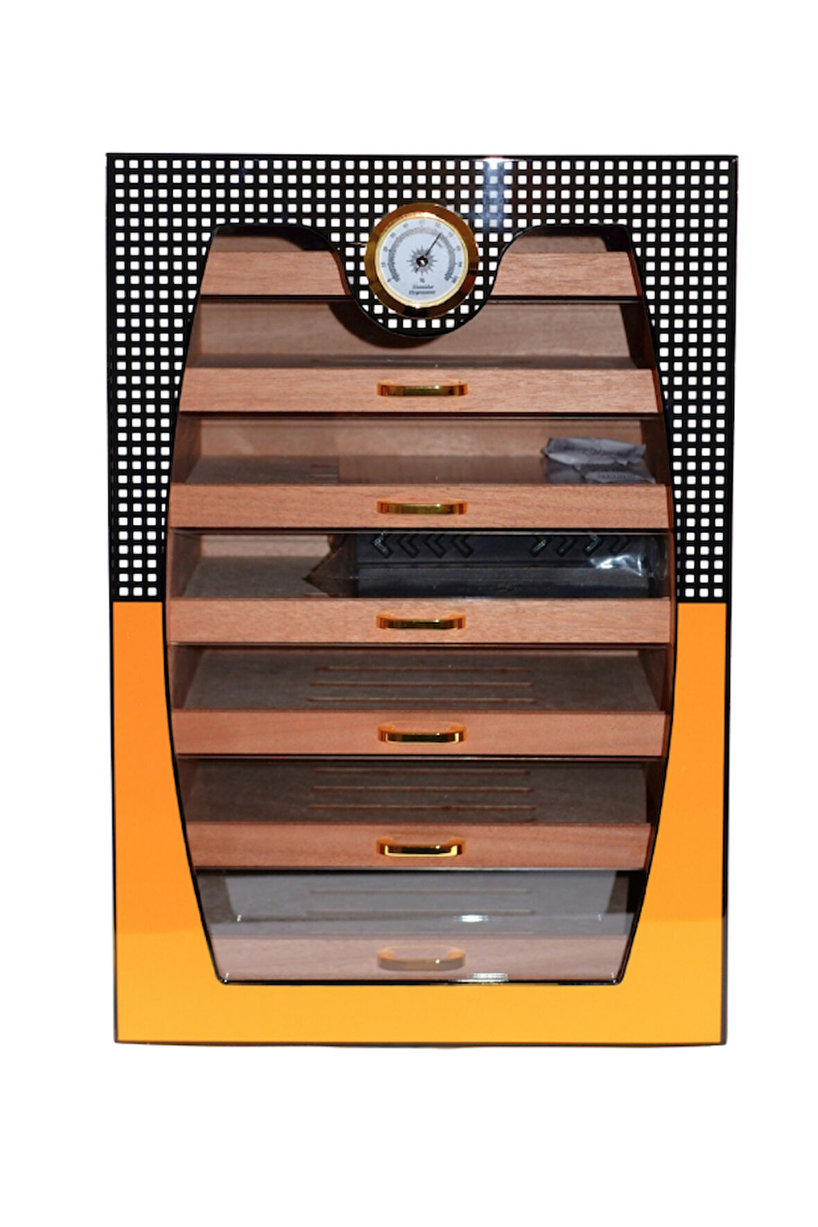 Cohiba Sarı-Gri Nokta Desenli 7 Çekmeceli Sedir Humidor Puro Kutusu