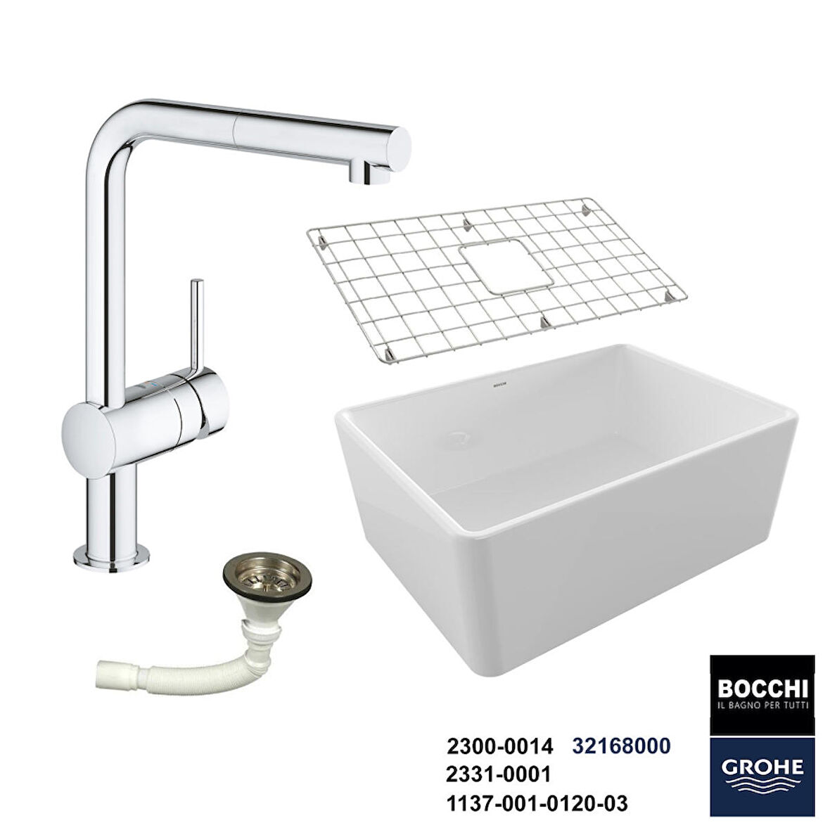 Bocchi Lavello 60 cm Seramik Eviye Grohe Minta Spiralli Eviye Bataryası Seti(Tel Izgara ve Sifon Dahil )