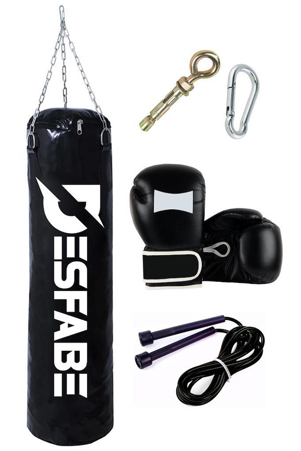 Desfabe Boxing Star 70x25 Cm Zincirli Boks Kum Torbası Siyah+Askı Aparatı+Boks Eldiveni+Atlama İpi