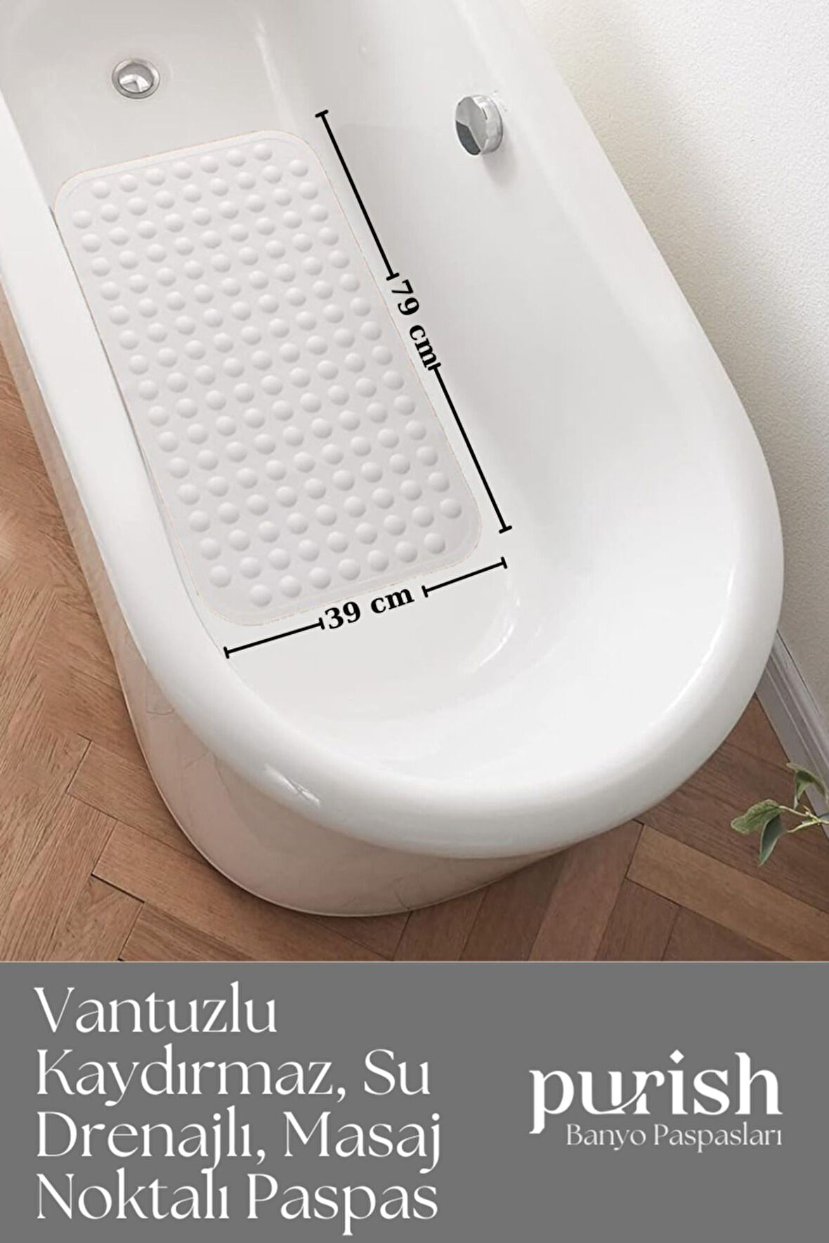 Purish | Banyo  Duş  Küvet İçin Vantuzlu Kaydırmaz, Su Drenajlı, Masaj Noktalı Paspas - Mat Beyaz - 79x39cm