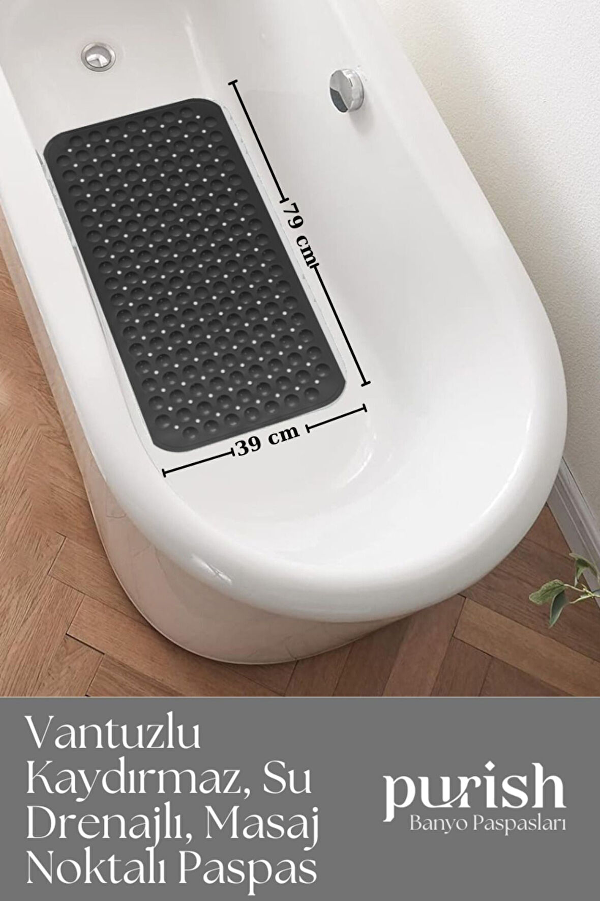 Purish | Banyo Duş Küvet Için Vantuzlu Kaydırmaz, Su Drenajlı, Masaj Noktalı Paspas - Mat Siyah - 79x39cm