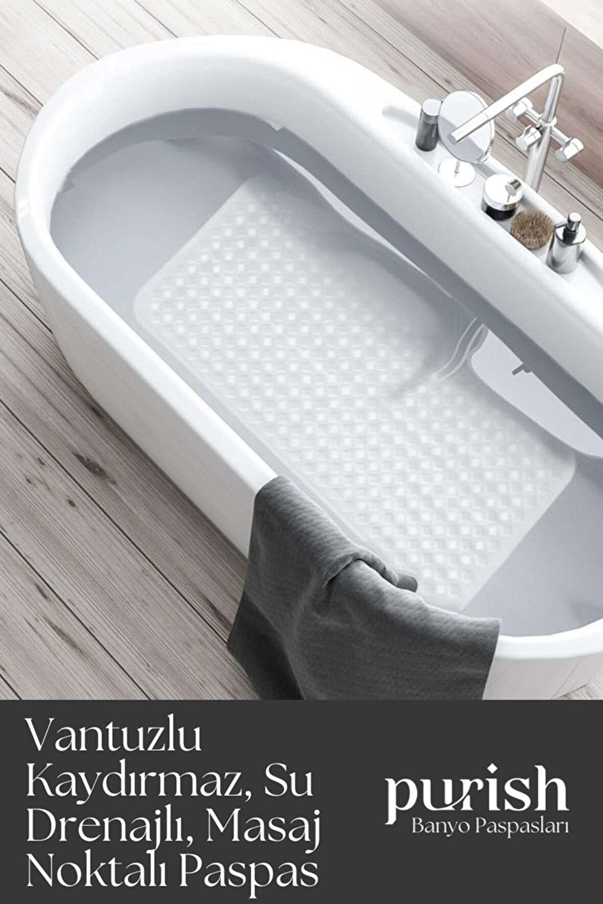 Purish Banyo Duş  Küvet İçin Vantuzlu Kaydırmaz, Su Drenajlı, Masaj Noktalı Paspas - Mat Beyaz - 70x40cm