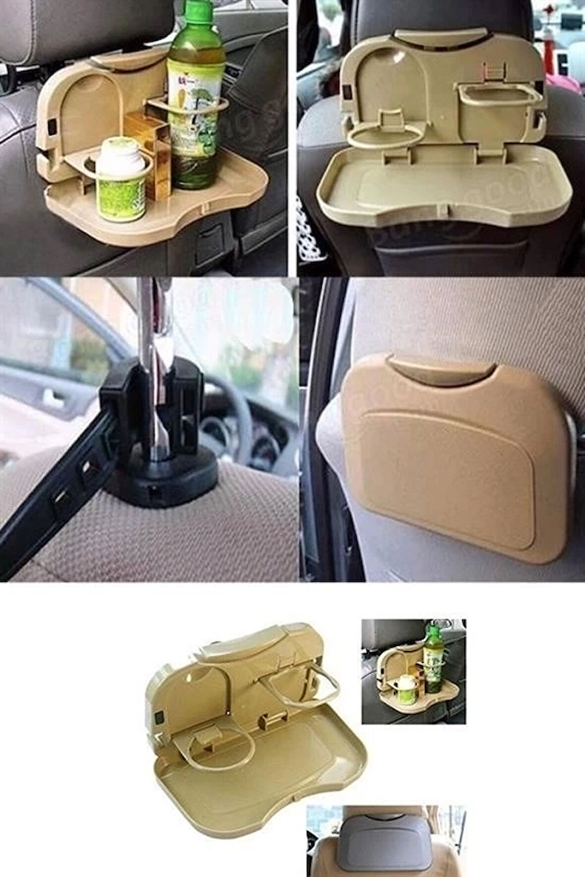 Araç İçi Koltuk Arkası Katlanabilir Bardak Tutuculu Bej Tepsi