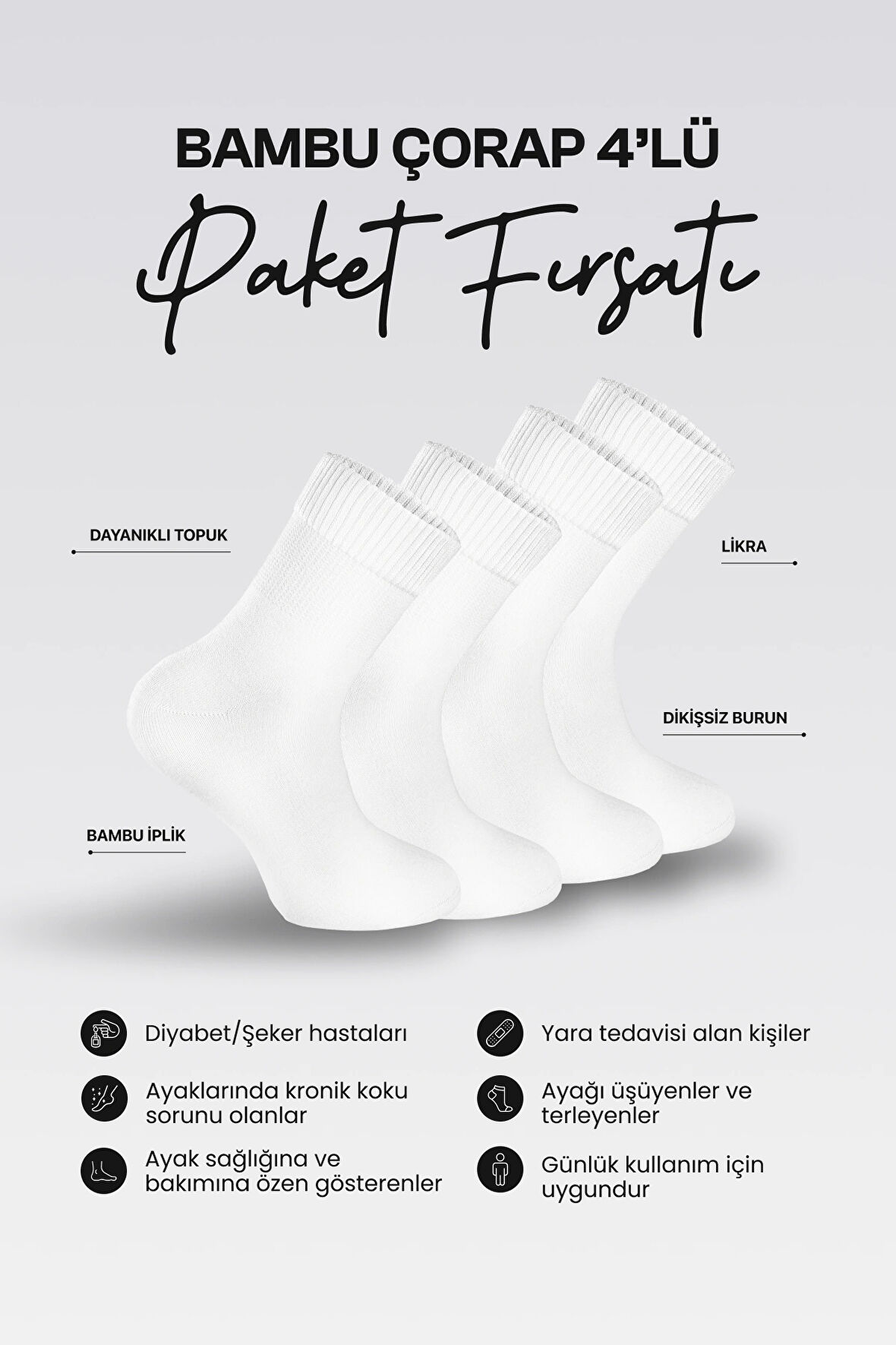 Nova Socks Kadın 4'lü Bambu Lastiksiz Sıkmayan Diyabetik Bilek Çorap