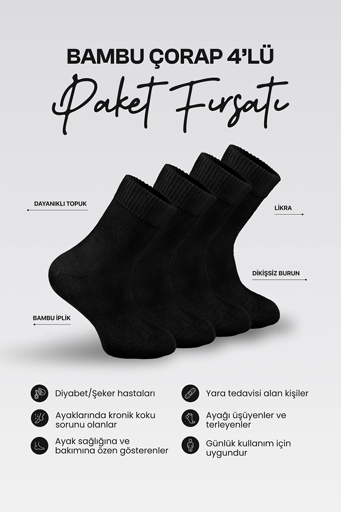 Nova Socks Kadın 4'lü Bambu Lastiksiz Sıkmayan Diyabetik Bilek Çorap