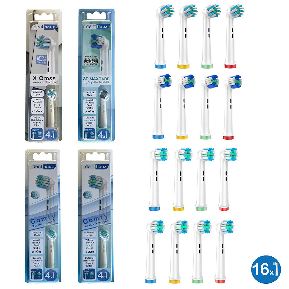 Dev Set 16 Adet  Comfy + X Cross + 3D Maxcare Oral-B Uyumlu Yedek Diş Fırçası Başlıkları