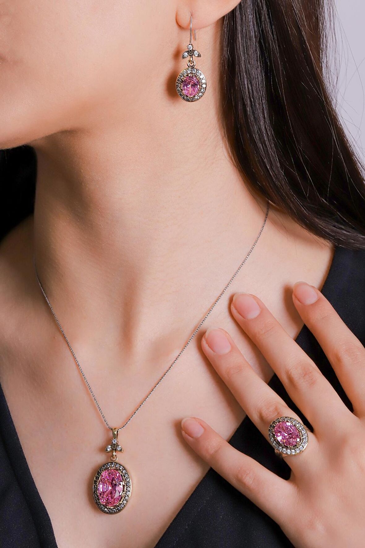 Gümüş Pembe Kuars Taşlı Üçlü Otantik Kadın Set Takı