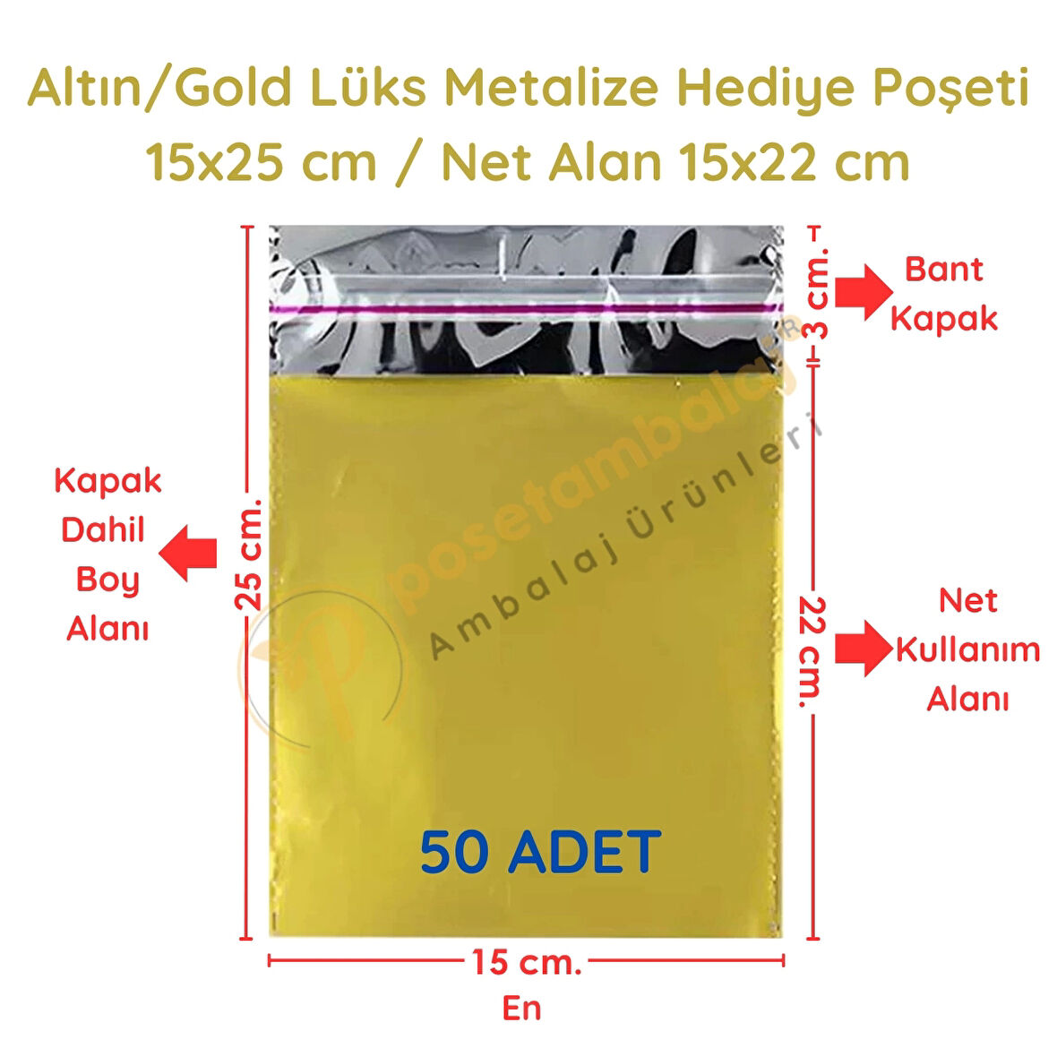 15x25 cm Altın Renk Bantlı Lüks Metalize Hediyelik Poşet (50 Adet)