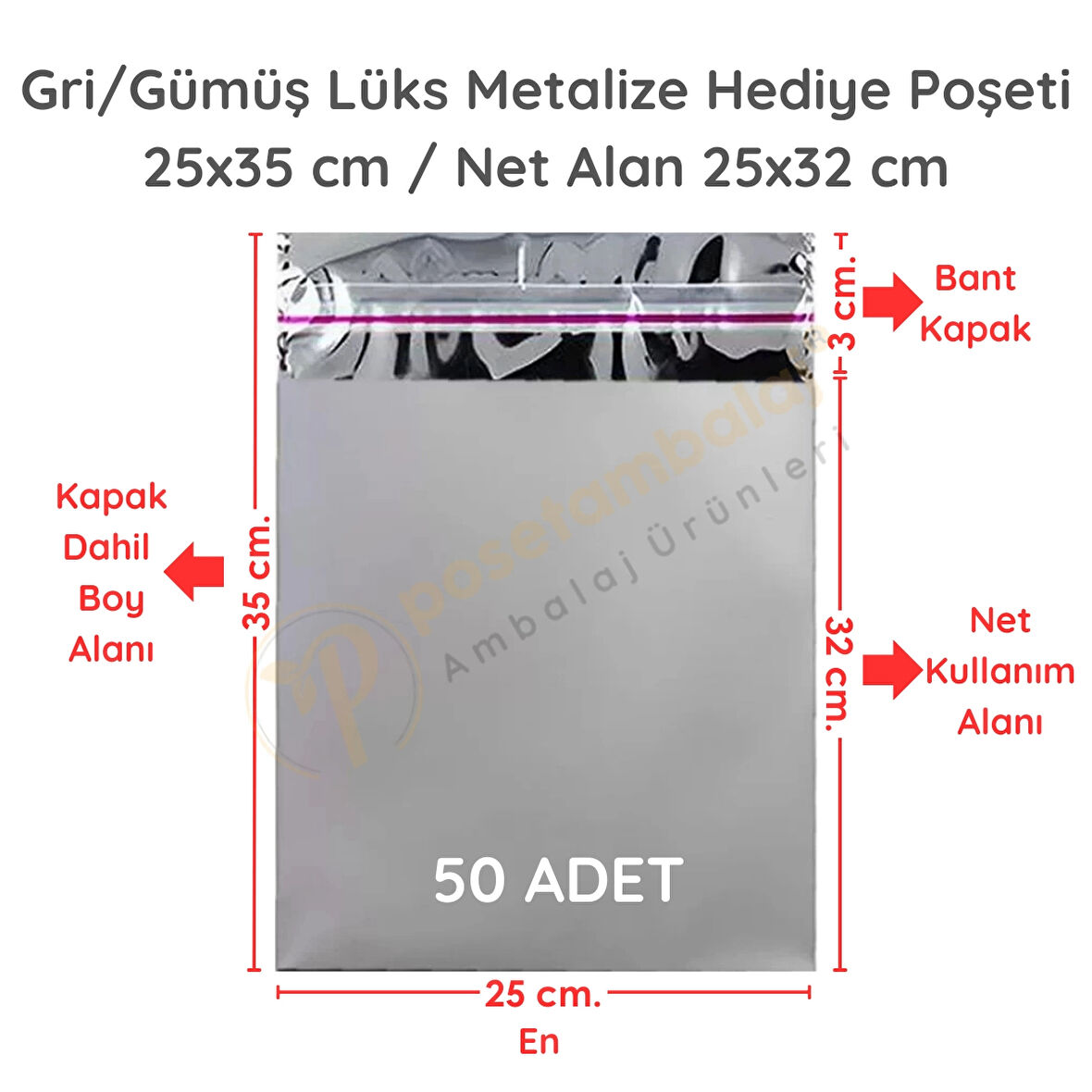 25x35 cm Gümüş Renk Bantlı Lüks Metalize Hediyelik Poşet (50 Adet)