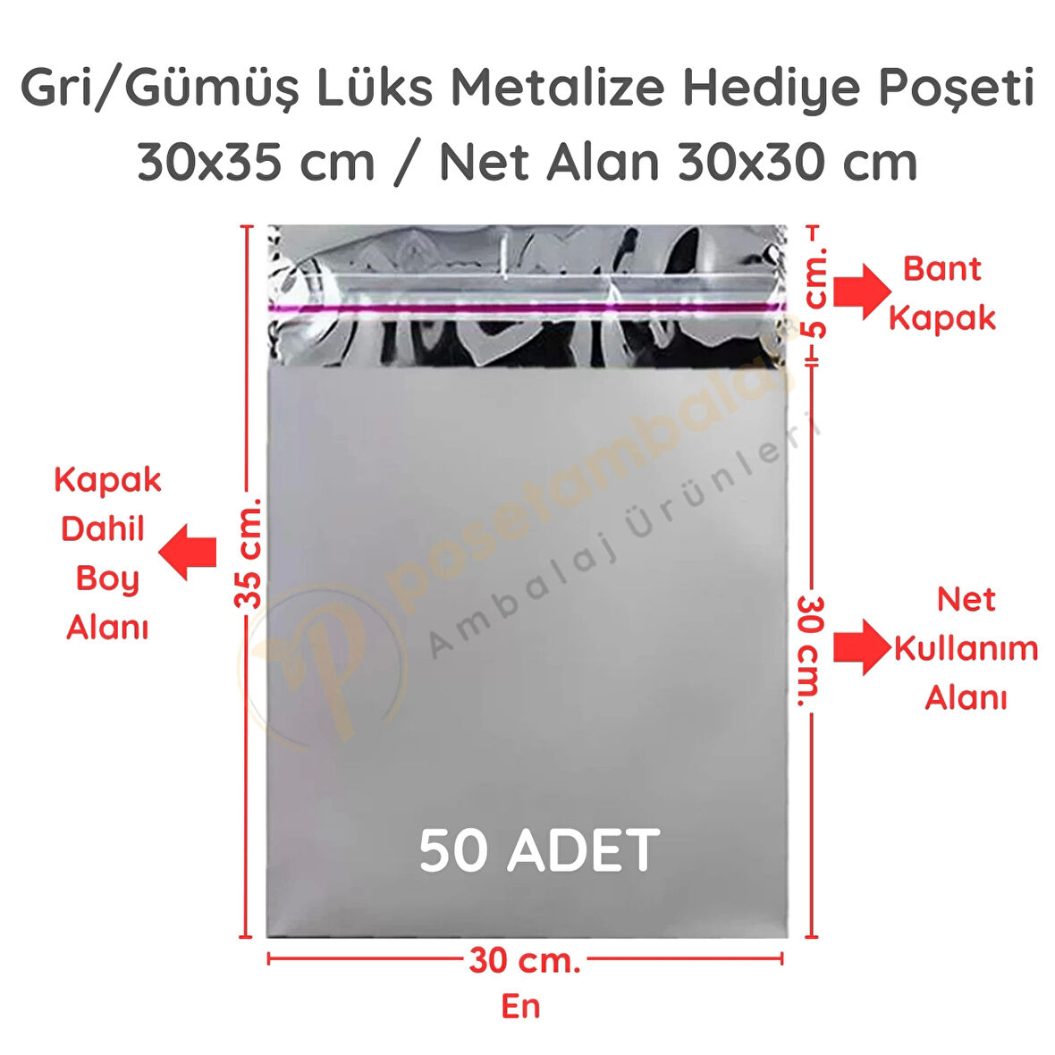 30x35 cm Gümüş Renk Bantlı Lüks Metalize Hediyelik Poşet (50 Adet)