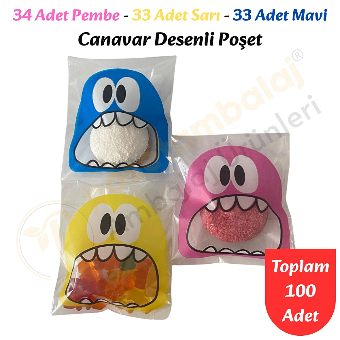 100 Adet Pembe-Sarı-Mavi Renkli Canavar Desenli Cake Pop & Kurabiye Poşeti-10x15 cm
