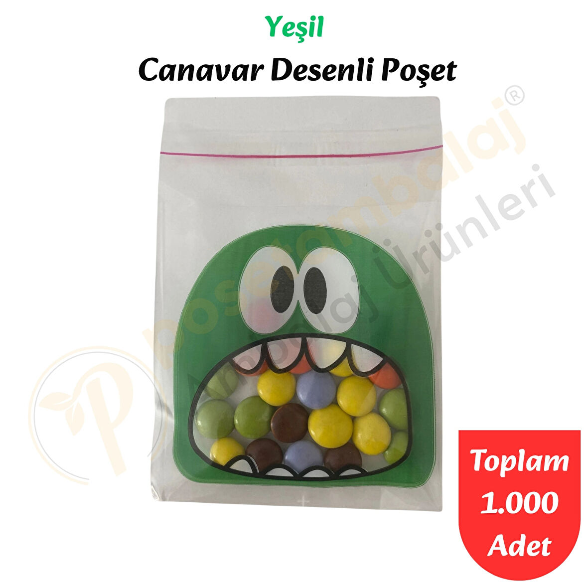 1.000 Adet Yeşil Canavar Desenli Cake Pop & Kurabiye Poşeti-10x15 cm