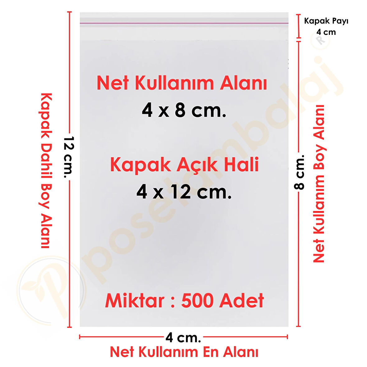 4x8+4 cm.(4x12) 500 Adet Şeffaf Bantlı Yapışkanlı OPP Poşet
