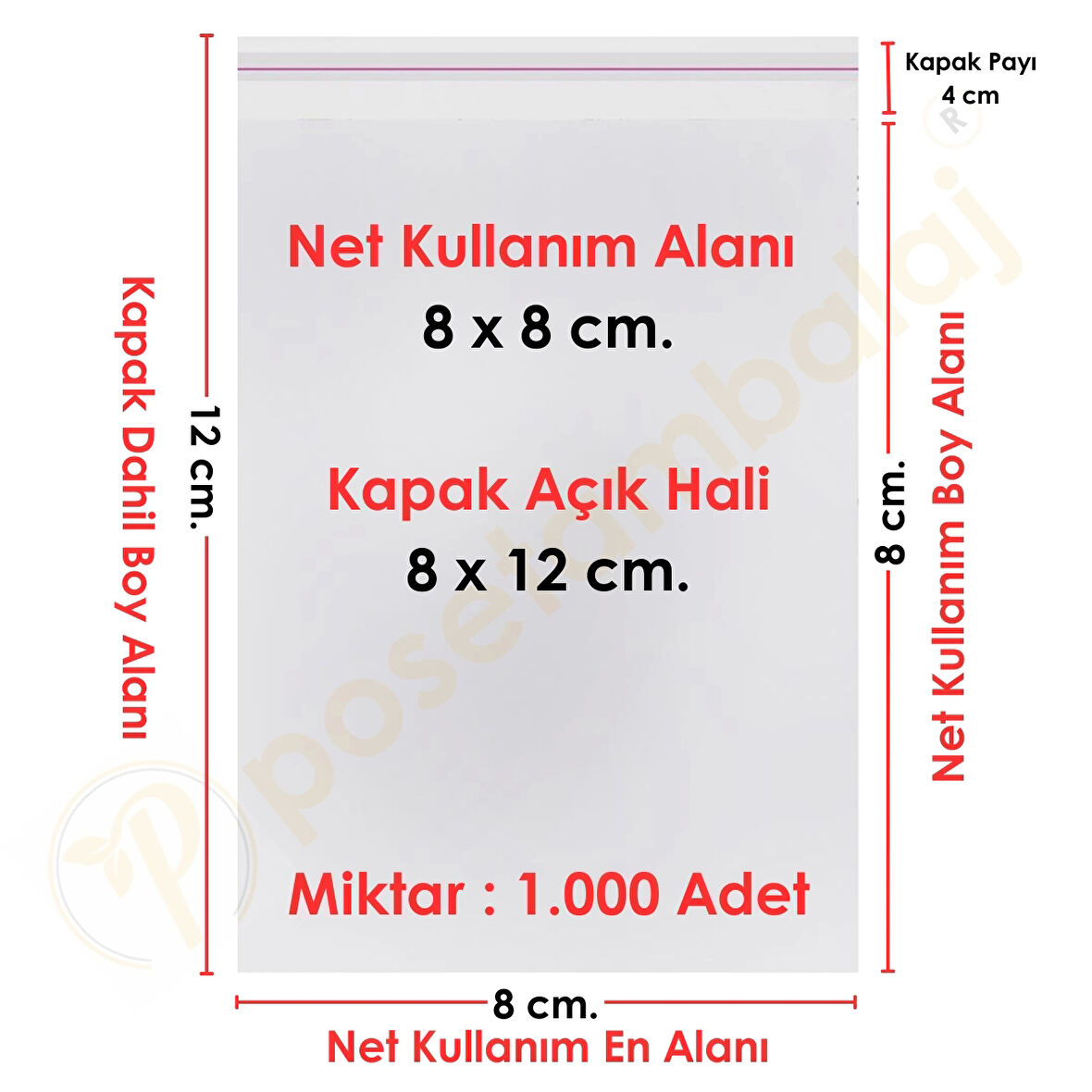 8x8+4 cm.(8x12) 1.000 Adet Şeffaf Bantlı Yapışkanlı OPP Poşet