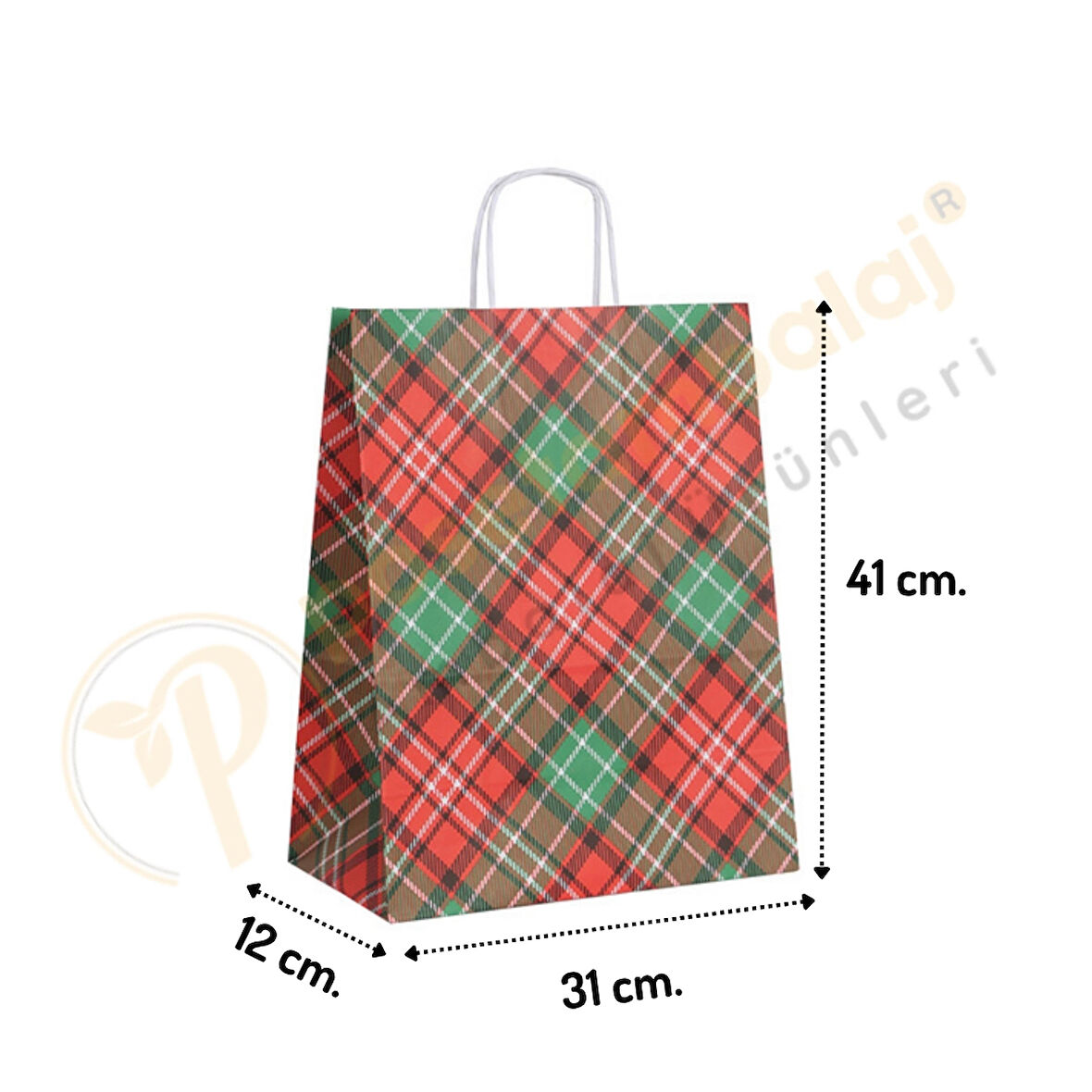 Ekose Desen Kraft Çanta Büyük Boy 31x12x41 cm 25 Adet