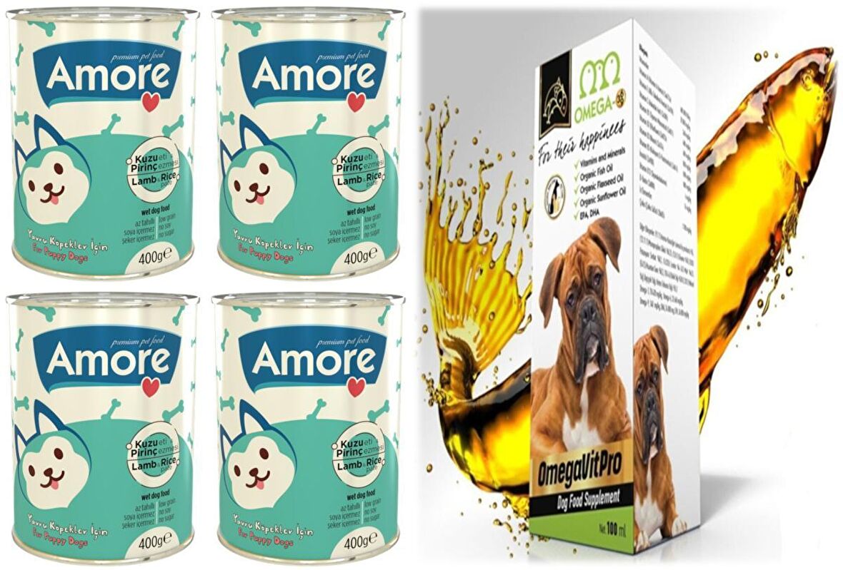 OmegaVitPro Somon Balık Yağı 100ml ve Puppy Kuzu Etli Yavru Köpek Konservesi 4x400g