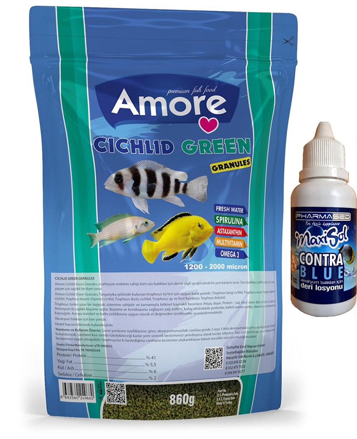 Cichlid Green Granules 860gr Easy-Doypack Green Algae Spirulina Akvaryum Balık Yemi ve Contra Blue