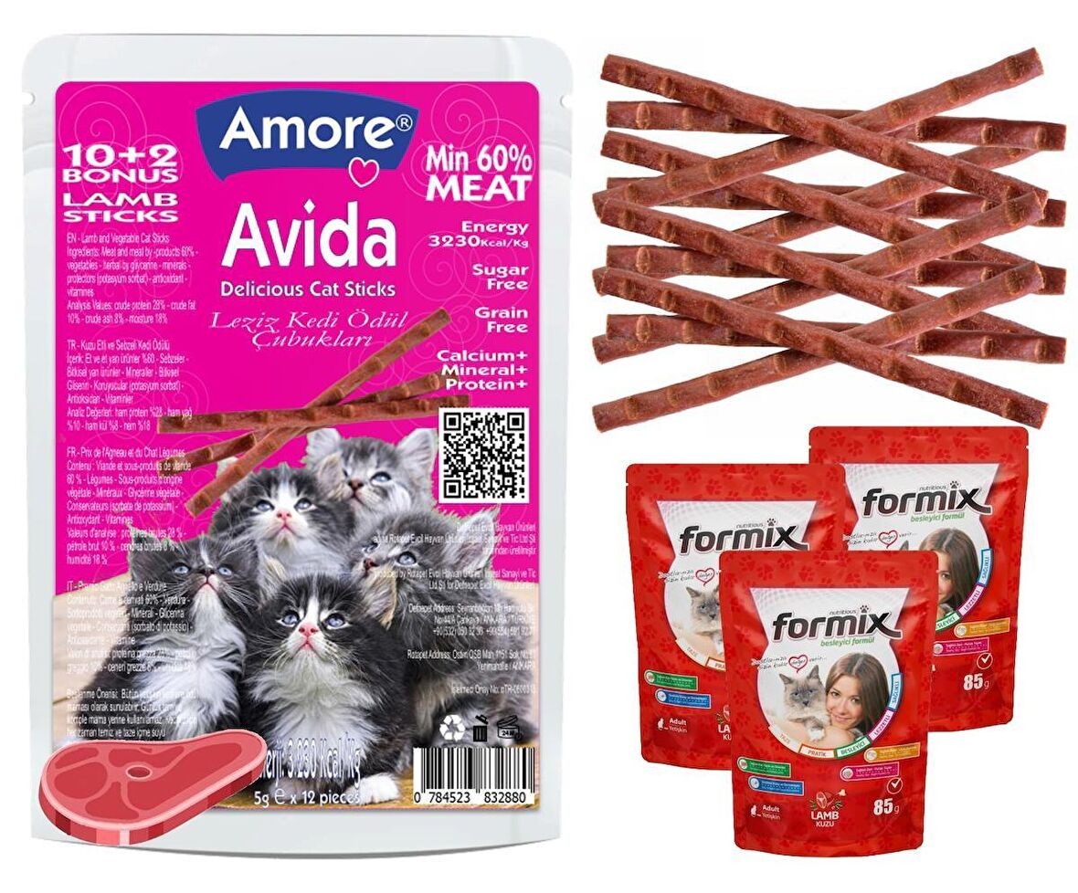 Avida Kuzu Etli Kedi 12 Sticks Ödül Çubukları ve 3 Formix Lamb Punch