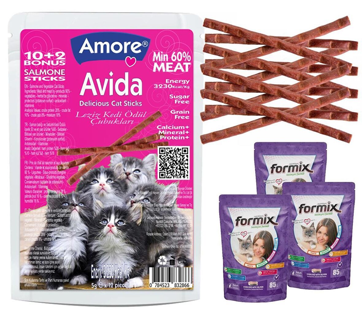 Avida Somonlu Kedi 12 Sticks Ödül Çubukları ve 3 Formix Steril Salmone Punch