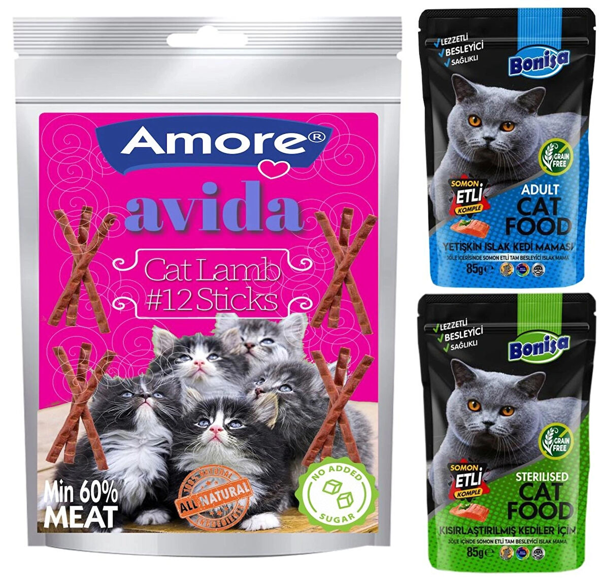 Avida 12li Kuzu Etli Sticks Ödül ve Bonisa Somonlu ve Steril Yetişkin Pouch Kedi Maması