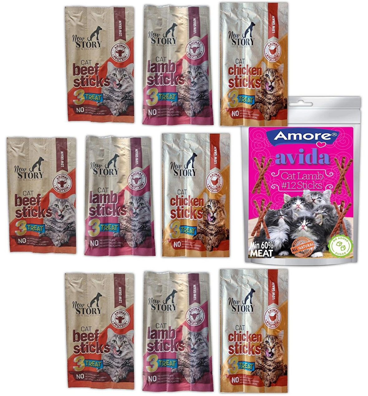 Avida 12li Kuzu, New Story Mix Stick Kedi 9 paket 3x5gr Ödül Çubukları Maması