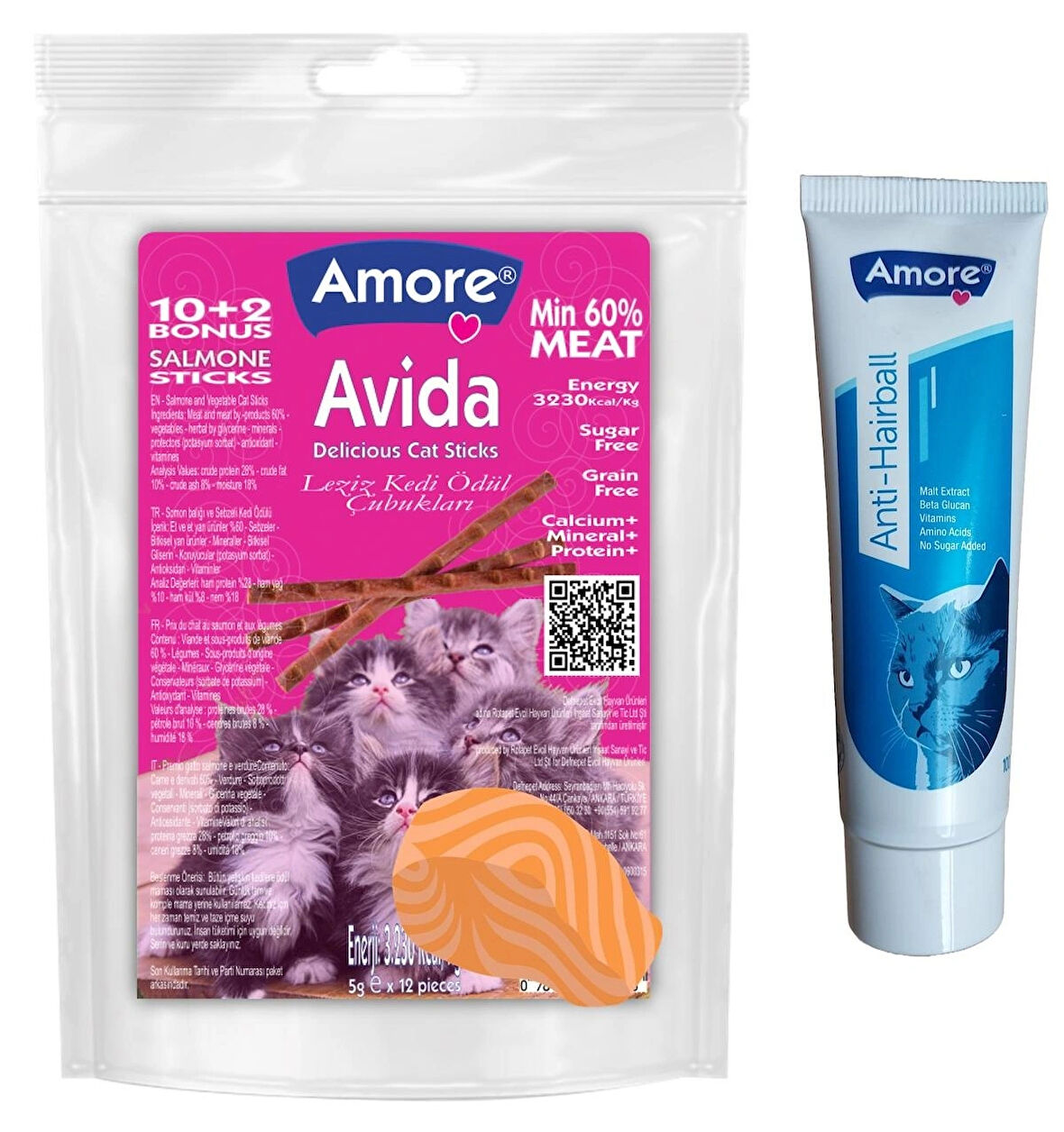 Avida 12li Somonlu Kedi Ödül Sticks, Anti-Hairball Tüy Yumağı Önleyici Malt 100ml