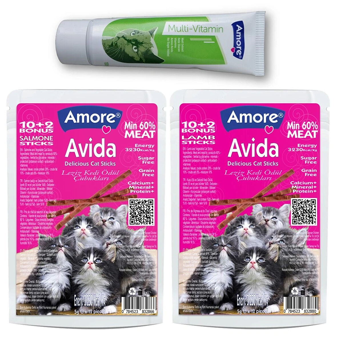 Avida 12-Kuzu, 12-Somonlu Kedi Ödül Sticks, Multivitamin Malt 100ml Paste