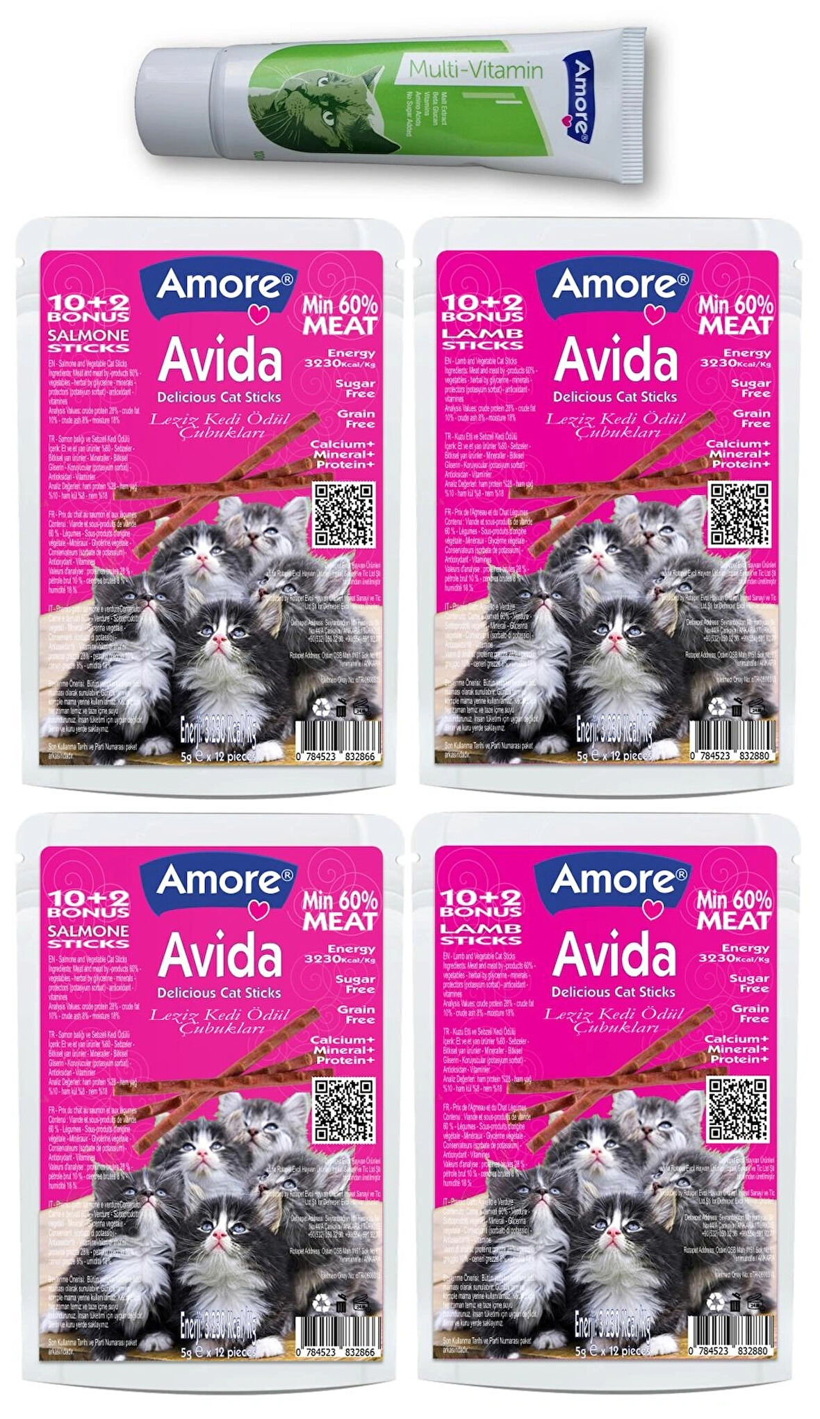 Avida 2x12li-Kuzu, 2x12li-Somonlu Kedi Ödül Sticks, Multivitamin Malt 100ml Paste