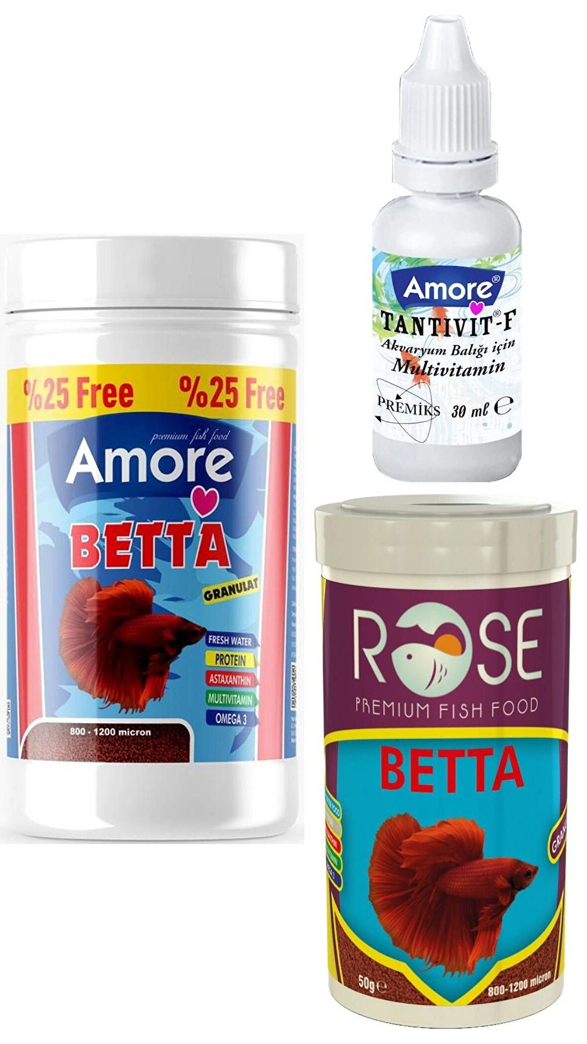 Betta Granules astaksantin 125ml, Rose 100ml Beta Balığı Yemi, Multivitamin