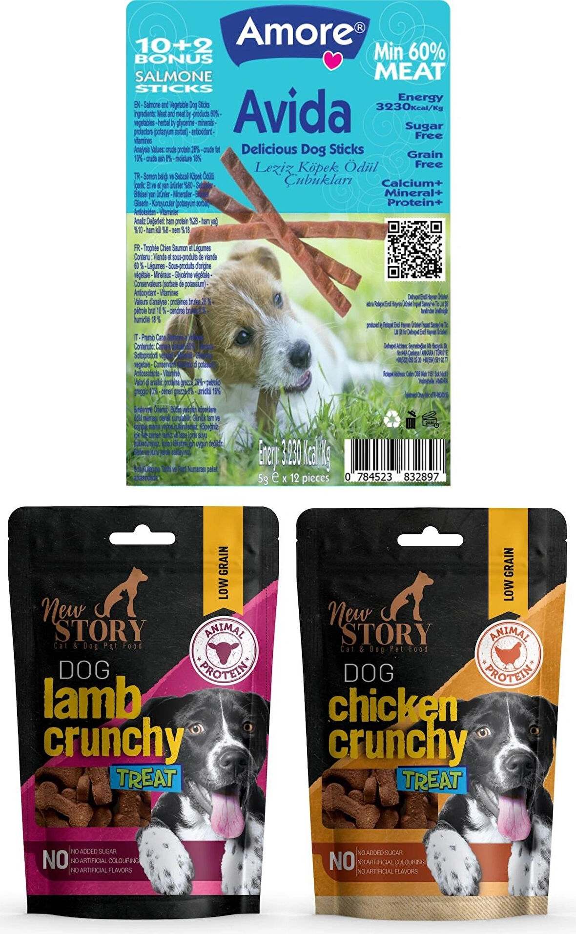 Kemik Şeklinde 2x80gr Yumuşacık Köpek Ödülü Lamb-Chicken Crunchy, Avida 12li Dog Salmon Sticks