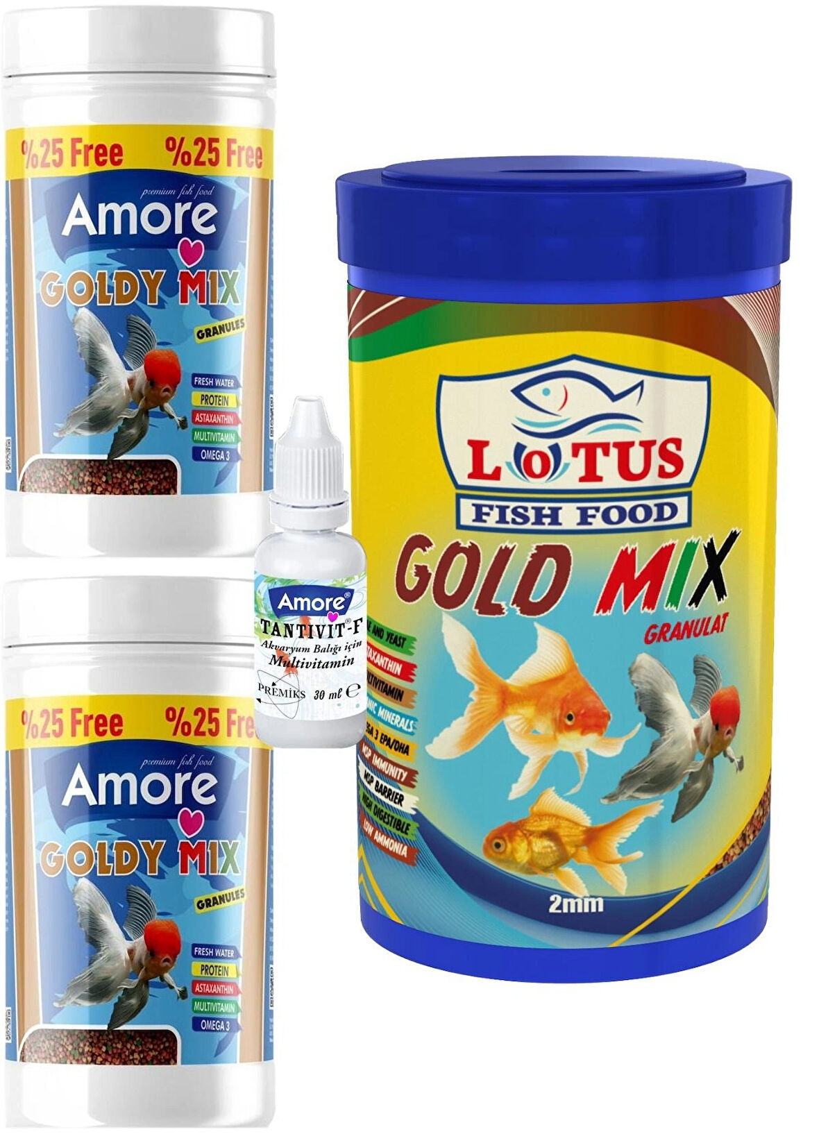 GoldFish Mix Granules 2x125ml, Lotus 1000ml Mix Gold Granül Japon Balığı Yemi, Multivitamin