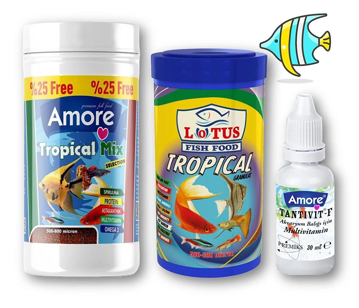 Lepistes-Melek-Plati-Moli Balık Yemi 125ml, Lotus Tropikal Granül 100ml, Multivitamin