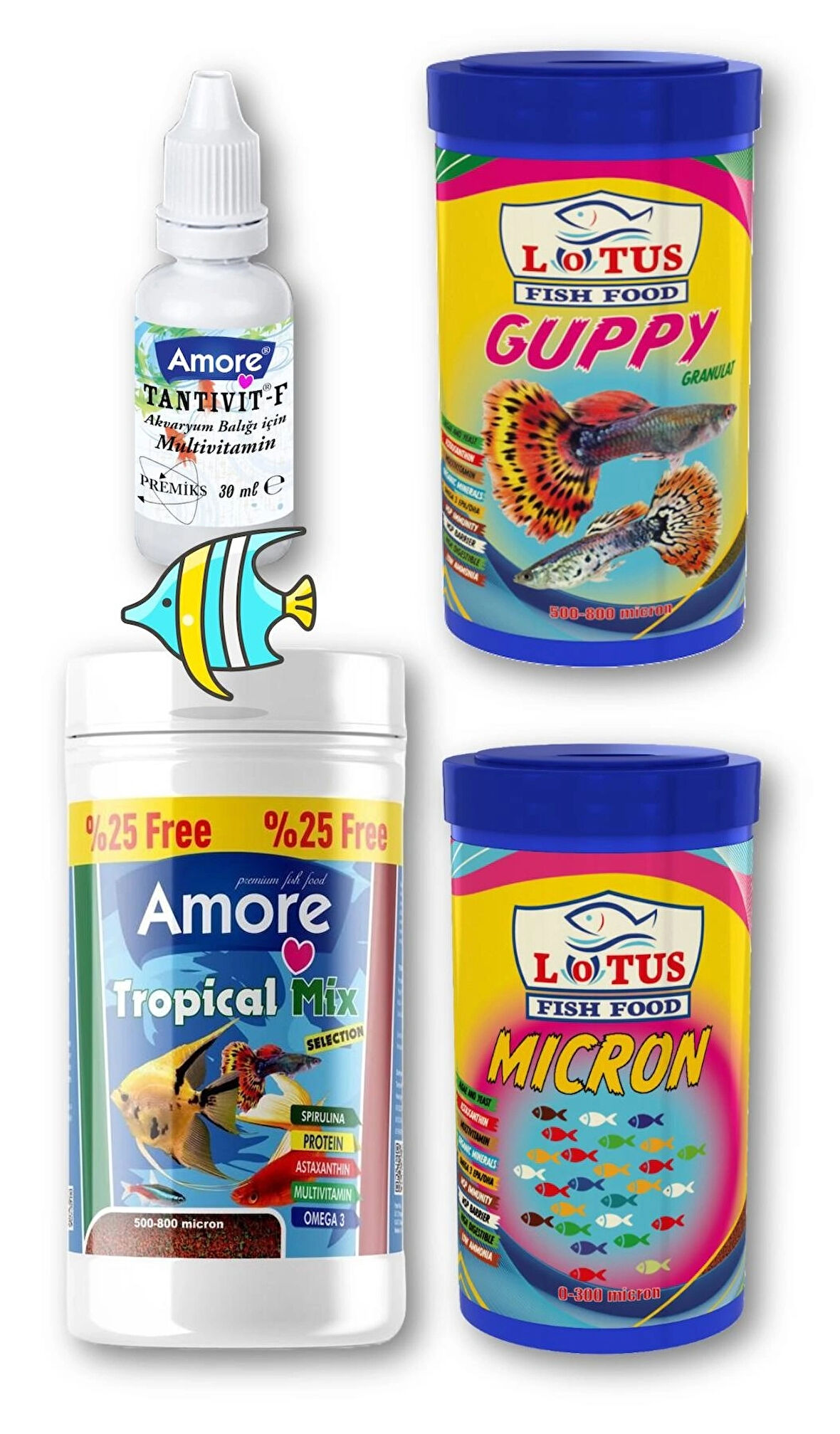 Lepistes-Melek-Plati-Moli Balık Yemi 125ml, Lotus Guppy Granül 100ml, Yavru 100ml, Vitamin