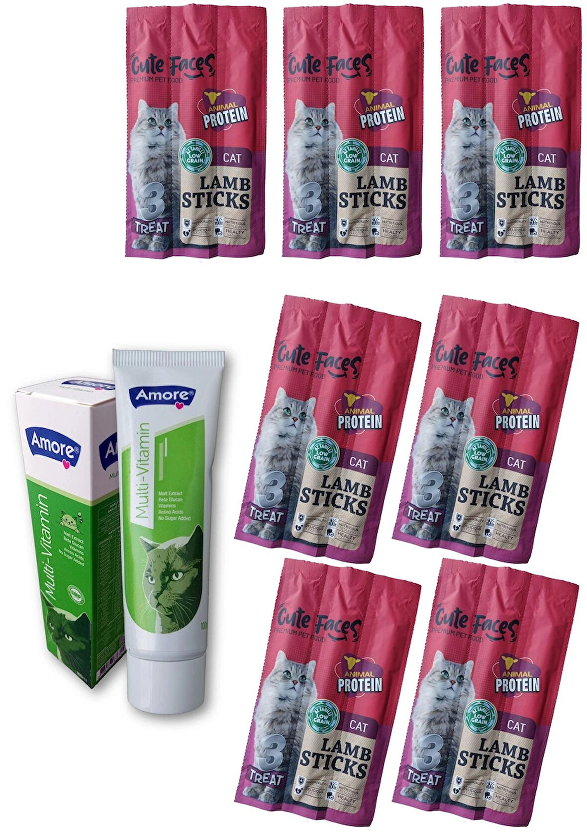 Cute Faces Kuzu Etli 7 adet 3lü Kedi Ödül Çubukları Cat-Sticks, Multivitamin