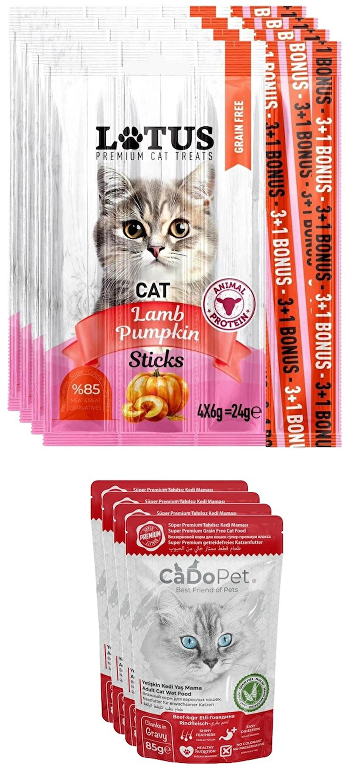 Lotus Kuzu Etli Bal Kabaklı 4 adet 4lü Kedi Sticks Ödül Çubukları, 4 Beef Punch