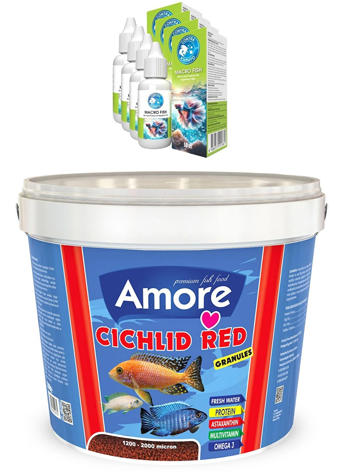 Amore Cichlid Red Granül 3kg Discus Kova Balık Yemi 44-Protein, 4 adet Macro Fish Benek Deri Solisyonu