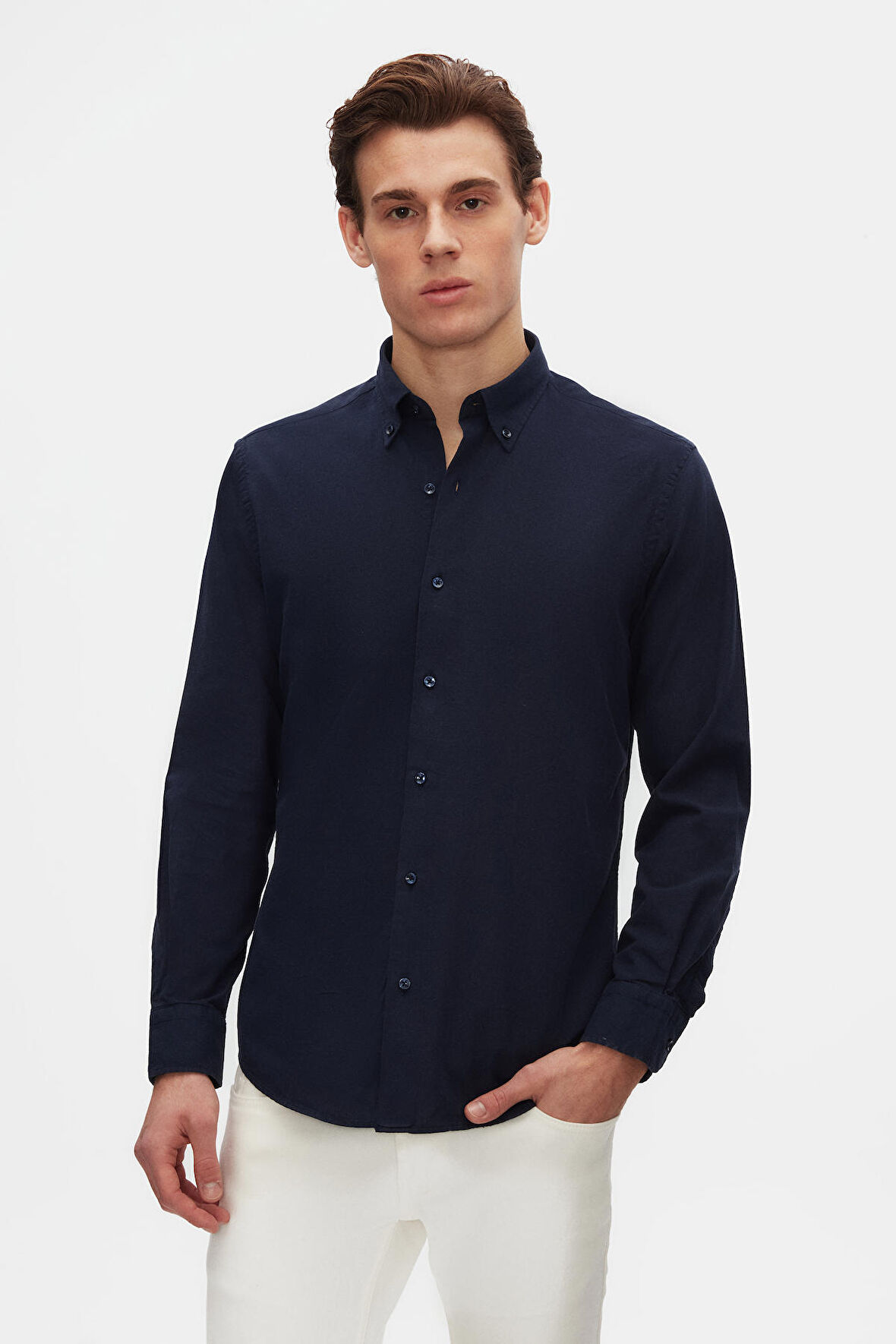 D'S Damat Ds Damat Comfort Lacivert Düğmeli Yaka Rahat Kesim Keten Görünümlü  Pamuk Gömlek 2HC02ORT64265