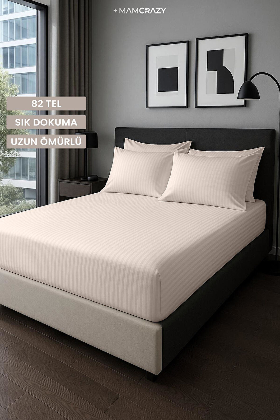 Satin Stripe %100 Pamuk Saten Çift Kişilik Çizgili Lastikli Çarşaf Seti Yastıklı 160x200+30