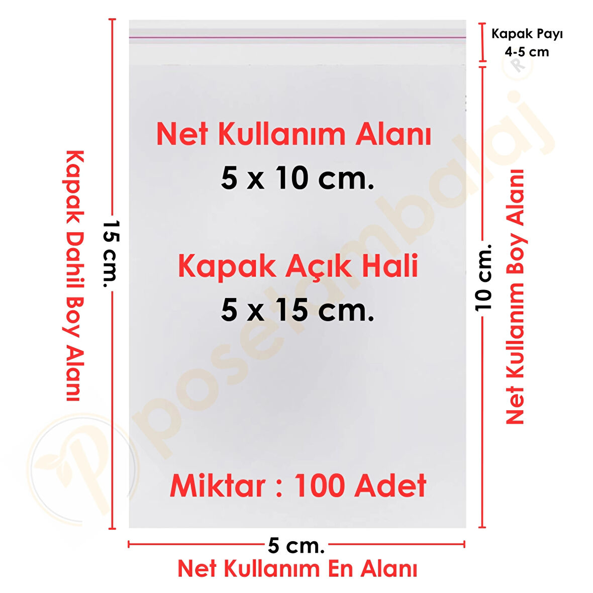 5x10+5 cm.(5x15) 100 Adet Şeffaf Bantlı Yapışkanlı OPP Poşet