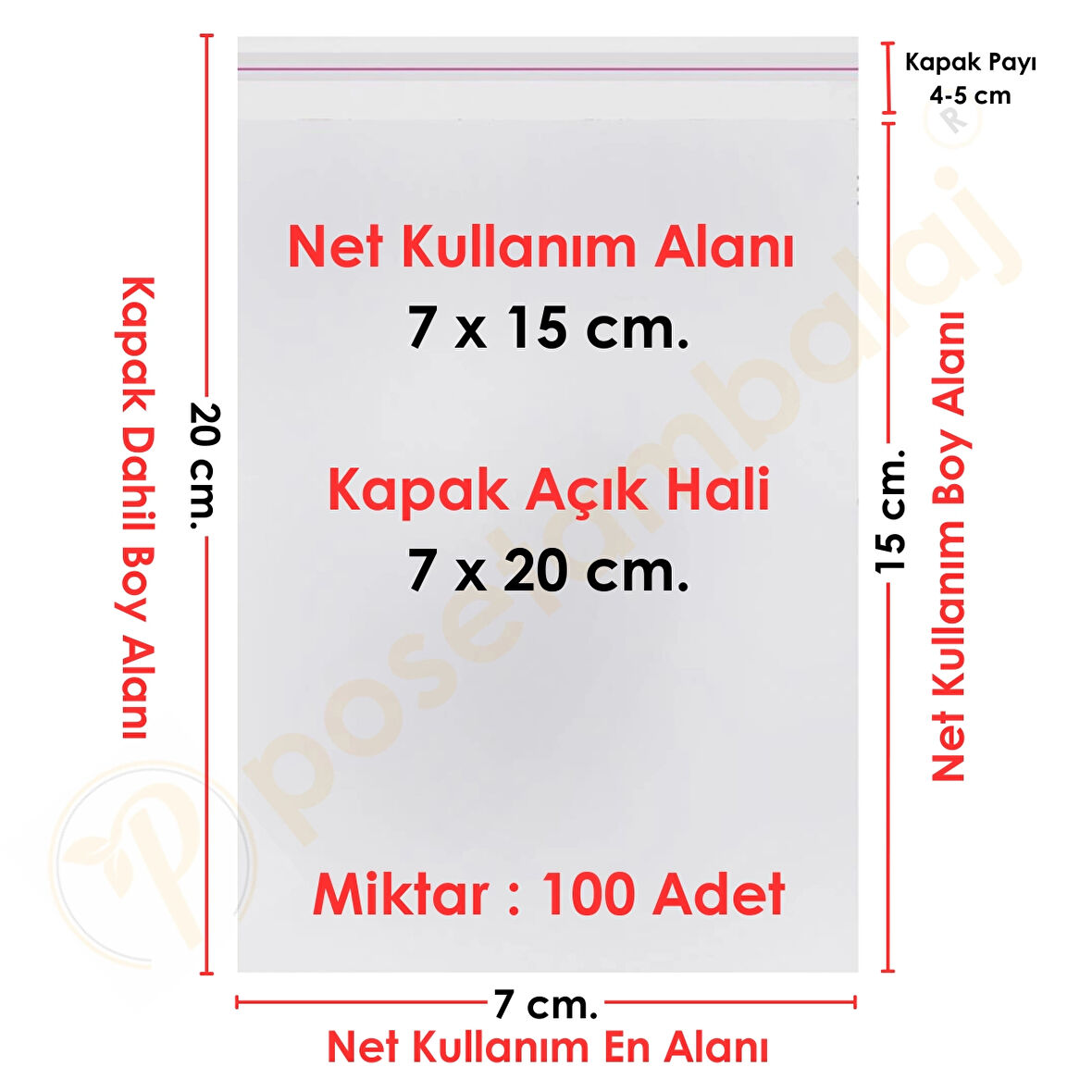 7x15+5 cm.(7x20) 100 Adet Şeffaf Bantlı Yapışkanlı OPP Poşet