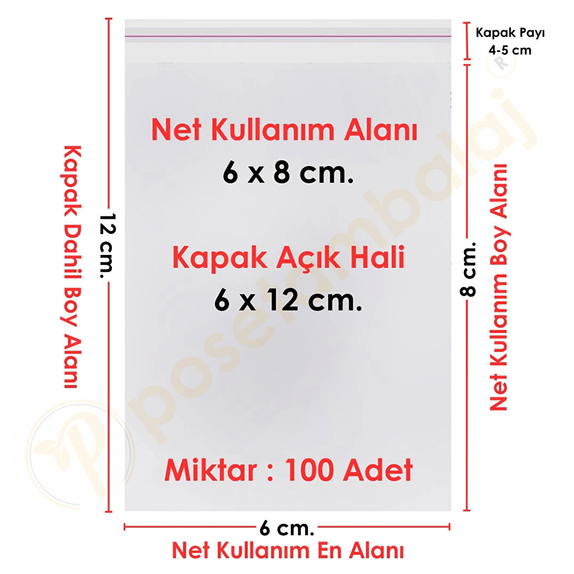 6x8+4 cm.(6x12) 100 Adet Şeffaf Bantlı Yapışkanlı OPP Poşet